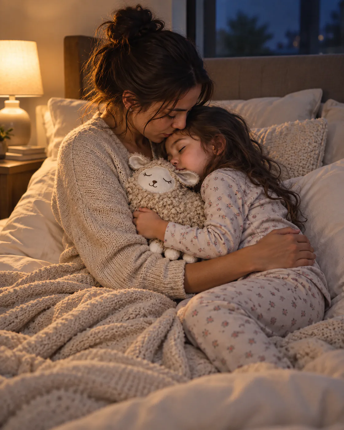 Madre abrazando a su hija mientras descansan con Muna de APAPACHO