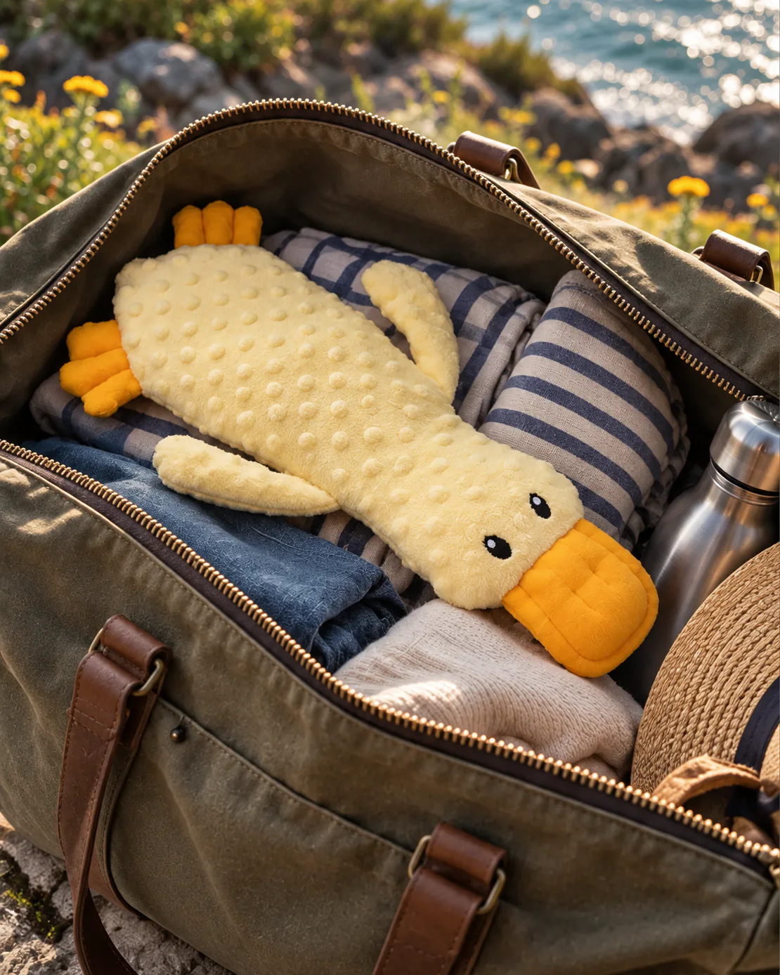Piko, el pato APAPACHO, acomodado dentro de una maleta de viaje junto al mar